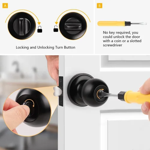 Miniatura 7 de Probrico Cerraduras de puerta de privacidad estilo bola redonda, pomos de puerta interiores negro mate para dormitorio y baño, pomos de puerta sin