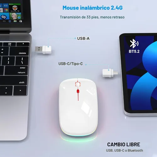 Miniatura 3 de Ratón LED Bluetooth inalámbrico para MacBook Air, Mac Pro, Laptop, iPad, ratón recargable silencioso con luz, ratón jiggle óptico de doble modo