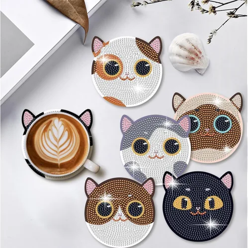 Miniatura 6 de FOWSEEK Posavasos de Pintura de Diamantes, 8 PCS Posavasos de Arte de Diamante de Gato con Soporte, Lindos Kits de Pintura de Diamantes para Adultos