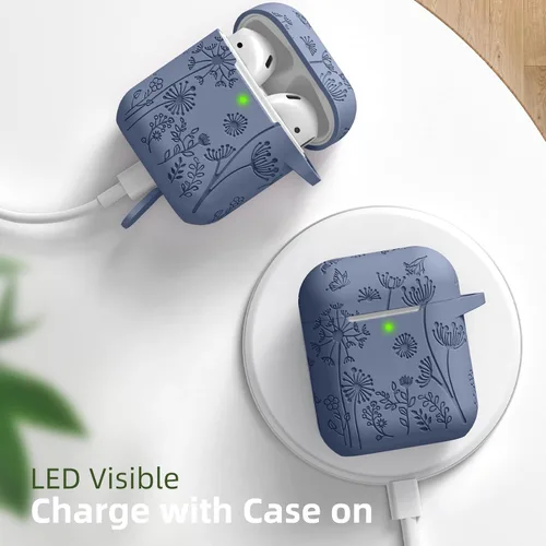 Miniatura 8 de Lerobo - Funda grabada con flores para estuche de AirPods, protector de silicona suave y elegante con llavero, compatible con estuche de carga