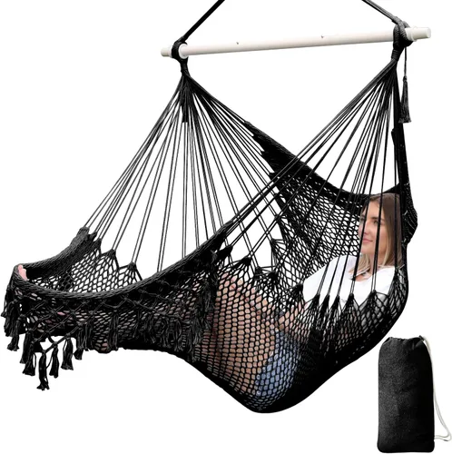 Chihee Silla Hamaca Colgante Súper Grande de Cuerda de Algodón Hilado Suave Tejida, Barra Separadora de Metal Resistente Plegable Asiento Ancho Negro