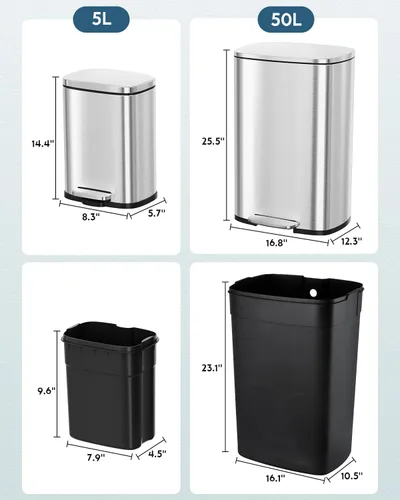Miniatura 2 de Arlopu Cubo de basura de 13.2 + 1.3 galones, cubo de basura de acero inoxidable, cubo de basura de cierre suave con cubo interior de plástico Plata