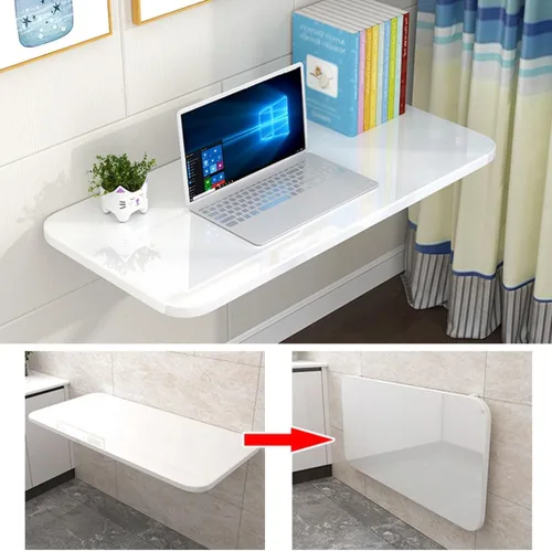 Miniatura 2 de Mesa flotante plegable para colgar en la pared, mesa resistente y estable para comedor, escritorio de madera pequeño, blanco, plata, 47 x 20