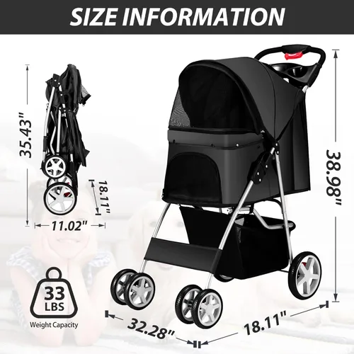 Miniatura 3 de Unisakey Cochecito para mascotas de 4 ruedas para perros pequeños y medianos y gatos, 10 a 33 libras, cochecito plegable para perros y gatos