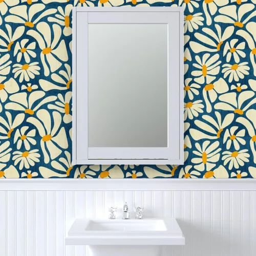 Miniatura 9 de Spoonflower Despegar y pegar papel tapiz Swatch - Retro Daisy Flower Power Blue Floral Vintage Groovy 70S 60S Papel pintado extraíble personalizado