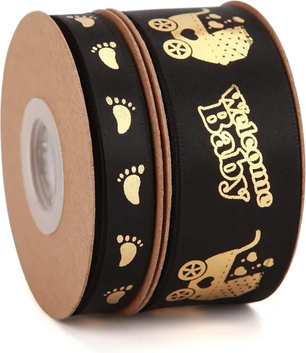 Miniatura 2 de Meseey 2 rollos en total de 20 yardas de cinta de bienvenida para bebé, cintas negras y doradas con estampado de pies para manualidades, pasteles