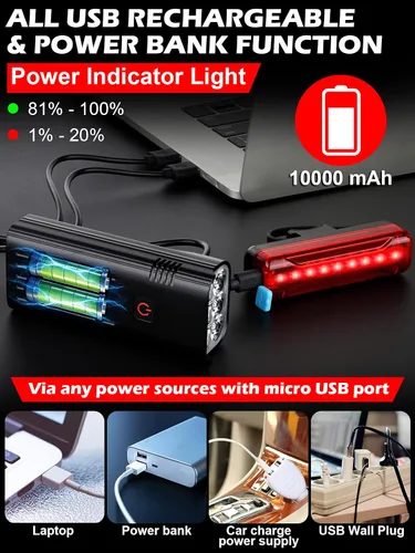 Miniatura 5 de Luces de bicicleta de alto lúmenes delanteras y traseras para conducción nocturna, 10,000 mAh USB recargable 6 luces LED para bicicleta, 5+5 modos