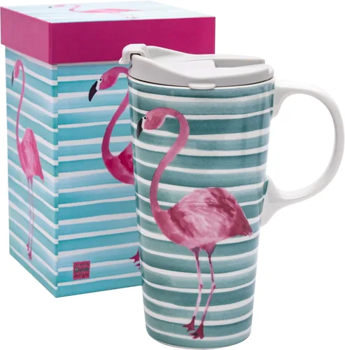 Topadorn Taza de viaje de cerámica de 17 onzas con tapa, taza de café flamenco, a prueba de derrames, apta para microondas y lavavajillas, diseño de