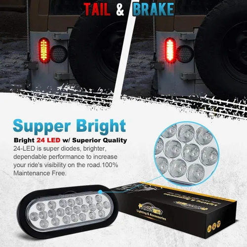 Miniatura 3 de Partsam 2 luces LED ovaladas rojas + 2 blancas de 6 pulgadas para remolque, kit de lente transparente, 24 LED, impermeable, parada, freno, giro
