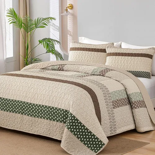Miniatura 22 de WONGS BEDDING Juego de edredón beige tamaño individual, juego de edredón de rayas bohemias de 3 piezas, juego de colcha acolchada de microfibra