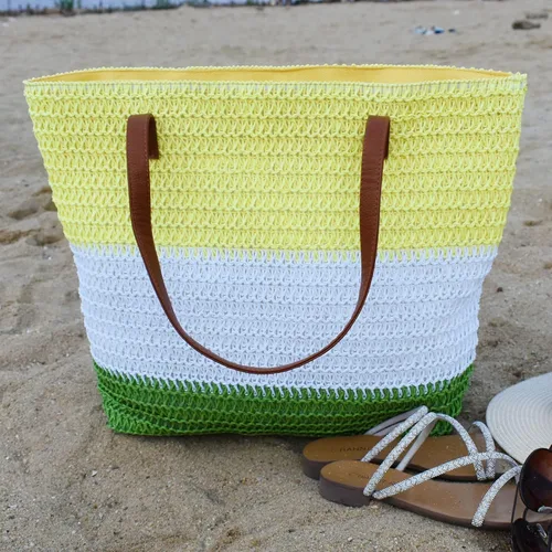 Miniatura 34 de Bolso grande de paja para mujer, tejido de ratán, bolso de playa de verano, a rayas