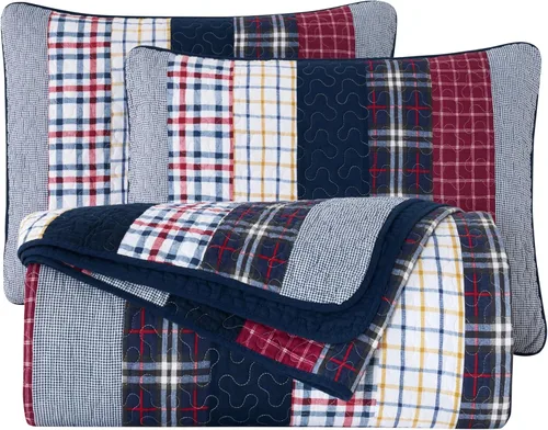 Miniatura 9 de Chezmoi Collection Milton - Juego de colcha reversible de 3 piezas, diseño de retazos a cuadros, 100% algodón lavado, tamaño King