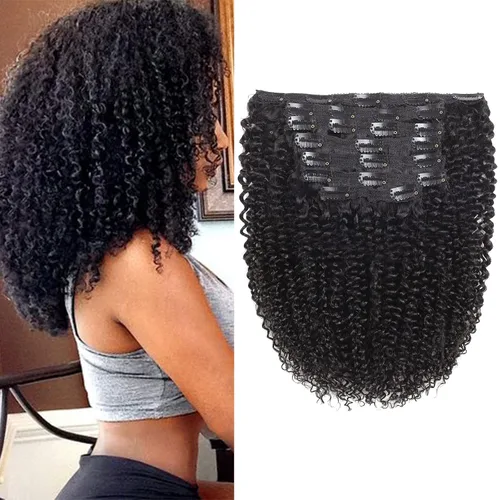 Miniatura 7 de Extensiones de cabello rizado kinky con clip para mujeres negras 14 pulgadas 2# marrón oscuro extensiones de cabello rizado con clip cabello humano