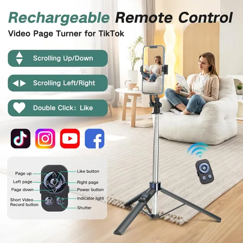 Miniatura 4 de Trípode selfie stick de 70 pulgadas para iPhone con control remoto, palo selfie extensible para iPhone, trípode portátil para teléfono de viaje