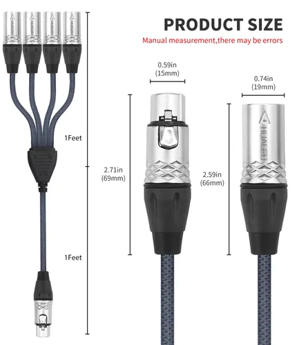 Miniatura 2 de Cable de audio divisor en Y de 3 pines, 3 pines, 1 hembra a 4 machos, cable de conexión paralela XLR de 4 vías, entrada única a cuatro salidas