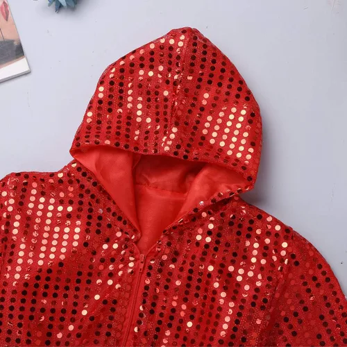 Miniatura 6 de inhzoy Conjunto de lentejuelas para niña, danza callejera, hip hop, danza, rendimiento, con capucha y pantalones de harén