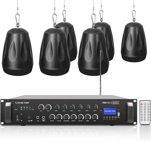 Miniatura 9 de Sound Town Amplificador Bluetooth para restaurante comercial + juego de altavoces colgantes, con un amplificador de 2 zonas de 70 V/100 V