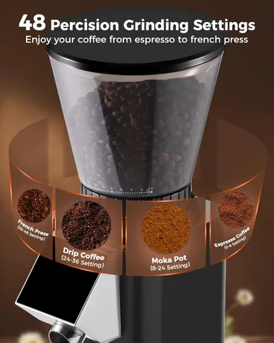 Miniatura 3 de Tuni G1 Molinillo de Café de Fresas Cónicas, 48 Configuraciones de Molienda, Molino de Fresas Antiestático, Temporizador Electrónico de Precisión