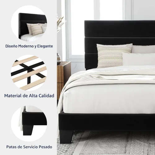 Miniatura 6 de Allewie Base de cama de plataforma tamaño King con cabecera tapizada de terciopelo y soporte de listones de madera, base de colchón totalmente Negro