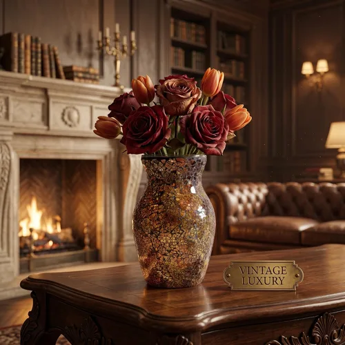 Miniatura 7 de Florero de mosaico dorado de 8" de altura, florero de vidrio, florero decorativo, decoración del hogar moderno jarrón de mosaico de tamaño mediano