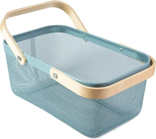 Miniatura 9 de Cesta portátil de cosecha de jardín, diseño de malla, cesta de almacenamiento de alambre con mango de bambú natural, cesta de malla con asa