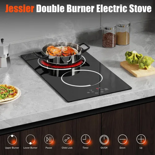 Miniatura 3 de Estufa eléctrica de 2 quemadores – Placa de cocina de cerámica integrada de 12 pulgadas, 3000 W, estufa eléctrica de dos quemadores con protección