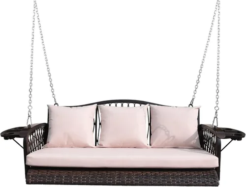 ZZW Columpio de mimbre para porche, resistente, 900 libras, 3 asientos, silla columpio para patio al aire libre con cojines y cadenas de 8.9 pies,