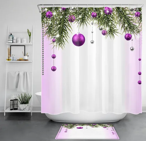 Miniatura 12 de Cortina de ducha de Feliz Navidad, bolas de Navidad azules y ramas de pino verde en tela blanca moderna, cortina de ducha para baño, cortina de baño