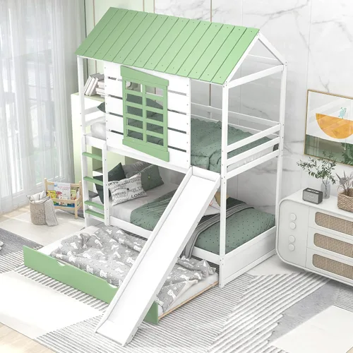 Miniatura 4 de Litera de casa individual sobre cama individual con tobogán convertible y nido, litera de madera maciza con techo y ventana para niños, verde-blanco