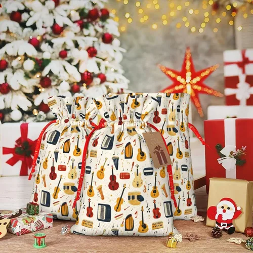 Miniatura 5 de Bolsas de regalo con estampado de instrumentos musicales retro, bolsas de regalo de Navidad reutilizables con cordón y etiqueta de regalo