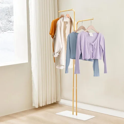 Miniatura 18 de Perchero para ropa de 67 pulgadas con base de almacenamiento y ganchos, perchero resistente para colgar ropa, bolsos, sombreros y zapatos para Dorado