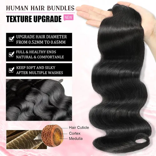 Miniatura 3 de DMKEEP Extensiones de cabello humano ondulado con cierre, 12, 14, 16+10 pulgadas, 100% cabello virgen brasileño sin procesar, 3 paquetes con cierre