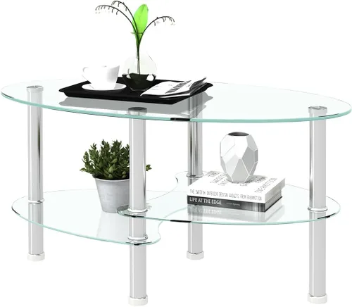 Miniatura 7 de Mesa de centro ovalada con almacenamiento, moderna mesa de vidrio de 3 capas para sala de estar (marrón)