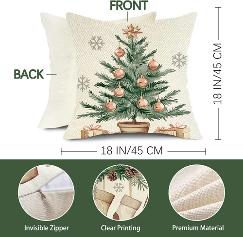 Miniatura 3 de Juego de 4 fundas de almohada decorativas para árbol de Navidad de invierno, 18 x 18 pulgadas, con medias de manoplas, regalos para porche