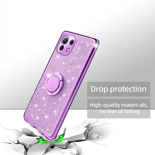 Miniatura 7 de Funda para Xiaomi Mi 11 Lite 4G/5G, cubierta protectora de TPU suave con cristal de purpurina con soporte de anillo 360, púrpura brillante Purpura