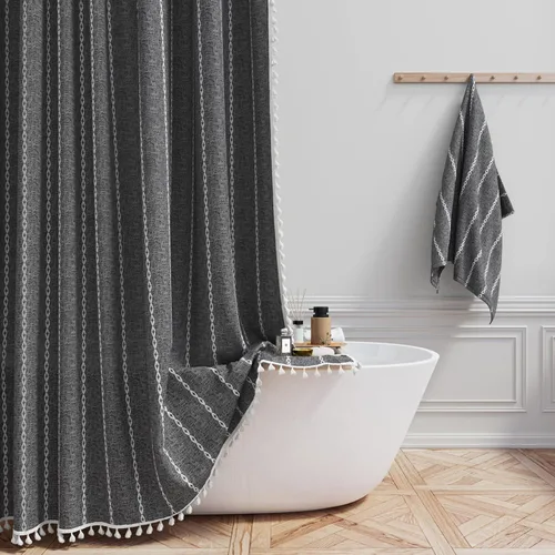 Miniatura 32 de BTTN - Cortina de ducha bohemia para cubículo de 36x72 - Juego de cortina de lino estrecha ultra gruesa con rayas y borlas, con 6 ganchos, cortinas