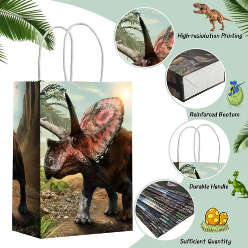 Miniatura 4 de Funrous Bolsas de regalo de fiesta de dinosaurio con mango, bolsas de papel para golosinas de dinosaurio con asas, paquete de papel para golosinas