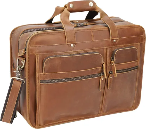 Miniatura 10 de Maletín de cuero de grano completo para hombre grande de 17 pulgadas de viaje de negocios bolsa de mensajero portátil con cremalleras de metal YKK