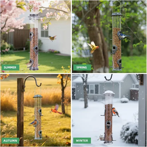 Miniatura 6 de MIXXIDEA 1PK Alimentadores de pájaros metálicos con 6 puertos de alimentación, alimentador de pájaros de tubo con colgador de acero, alimentador