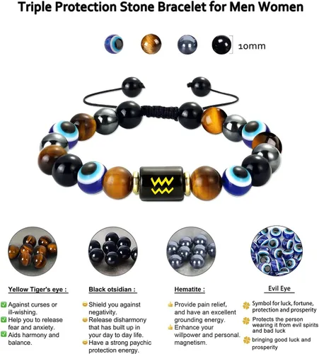 Miniatura 5 de Zodiac Triple Protection Bracelet Evil Eye Hematite Obsidian Tiger Eye Chakra Healing Crystal Bead for Men Women Good Luck Spiritual Jewelry