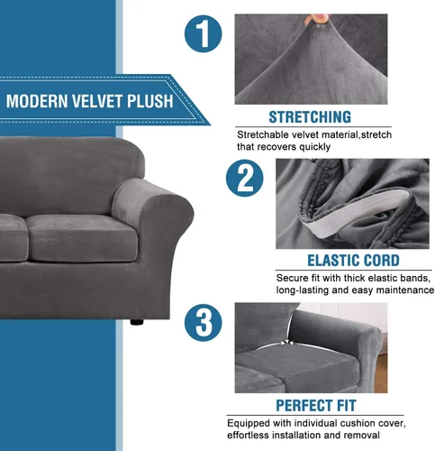 Miniatura 3 de H.VERSAILTEX Fundas de Sofá Elásticas de Terciopelo Real Suave de 3 Piezas Fundas de Sofá para Sofá de 2 Cojines Fundas de Loveseat con Ancho de Gris