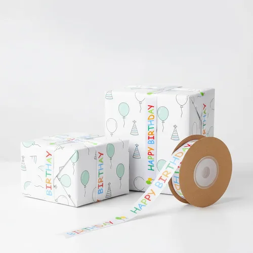 Miniatura 8 de Rollo de cinta de feliz cumpleaños para envoltura de regalos, 0.591 in x 30 pies, cinta de regalo de cumpleaños impresa blanca para manualidades