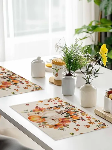 Miniatura 9 de Manteles individuales para mesa de comedor, juego de 4 manteles individuales para otoño, Acción de Gracias, calabaza, flor y girasol, manteles