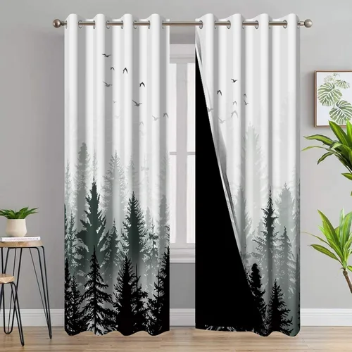 Miniatura 2 de AWERT Cortinas opacas para dormitorio, árbol negro con niebla, naturaleza, amanecer, bosque, 2 paneles para sala de estar, bloqueo de calor, 21 x 45