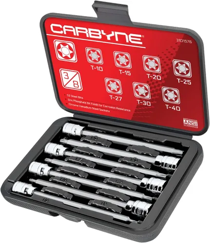 CARBYNE Juego de llaves Torx extra largas de 7 piezas, T10 a T40, 3/8 pulgadas, brocas de acero S2, enchufes CrV, fosfato de zinc, 6.1 pulgadas de