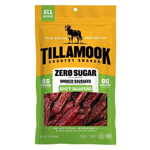 Tillamook Country Smoker - Salchichas ahumadas aptas para dietas cetogénicas, sin azúcar, sabor jalapeño picante, 10 onzas