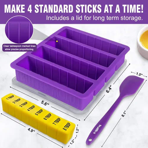 Miniatura 3 de Molde de silicona para mantequilla con tapa y espátula (púrpura), bandeja antiadherente Walfos se adapta al tamaño estándar de barra de mantequilla