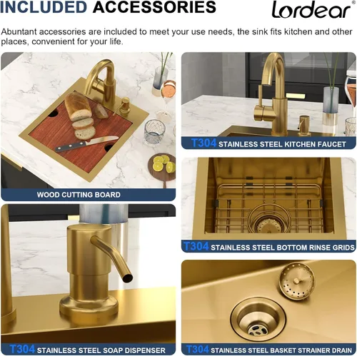 Miniatura 5 de Lordear - Fregadero de barra – Fregadero de barra dorado de 13 x 15 pulgadas con grifo dispensador de jabón, estación de trabajo, calibre 16 T304