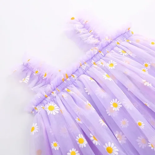 Miniatura 3 de Vestidos casuales de cumpleaños para niñas, vestidos de fiesta floral, margarita, sin mangas, 1-6 años, tul para playa (morado, 5-6 años)