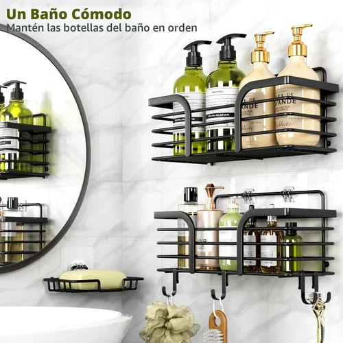 Miniatura 3 de Yougai Organizador de ducha con soporte para jabón y ganchos, estantes de ducha inoxidables, organizadores de baño sin perforaciones y Negro